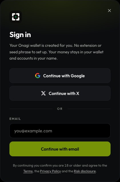 Onagi sign-in options: Google, X and email.